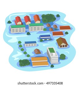 Vector of building and house, tree drowning.