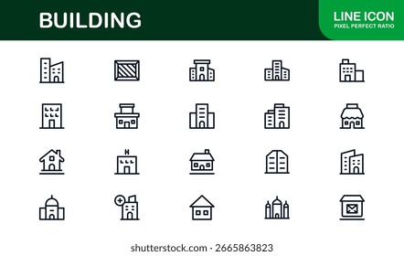 Vetor Building Icon Set Apresentando Arquitetura Moderna, Construção, Arranha-céus e Símbolos Imobiliários
