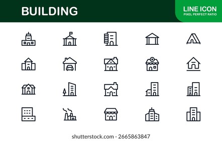 Vetor Building Icon Set Apresentando Arquitetura Moderna, Construção, Arranha-céus e Símbolos Imobiliários