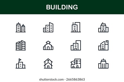 Vector Building Icon Set Featuring Modern Architecture, Construction, Skyscrapers, and Real Estate Symbols