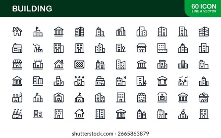 Vector Building Icon Set Featuring Modern Architecture, Construction, Skyscrapers, and Real Estate Symbols