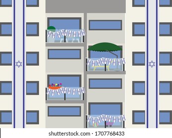 Vector Building Illustration Decorated with Blue White Israeli Flags