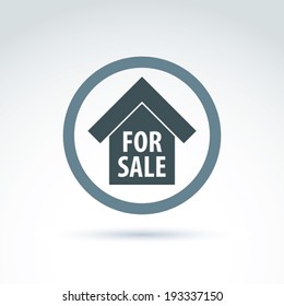 Vector building illustration placed in a circle, real estate agency theme. Depiction of a monochrome home for sale.