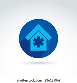 Ilustración de construcción de vectores, icono de hospital simple con una cruz blanca.