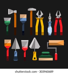 vector building instruments materials essentials supplies stuff icons flat set