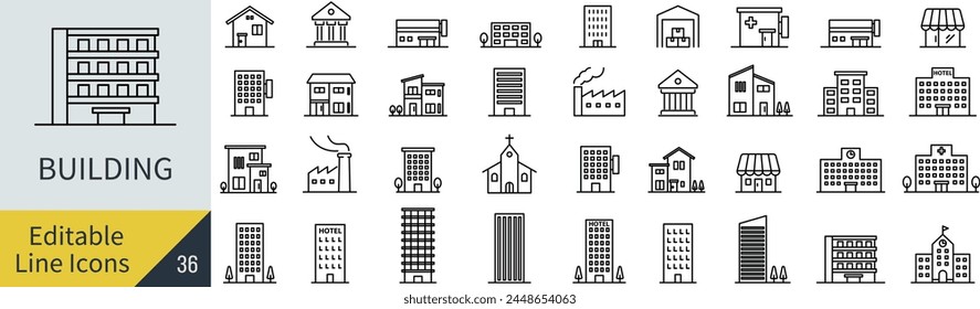 Vector Building Line Drawing Icon Set (Not Outlined)