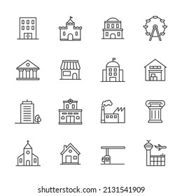 Vector building line icon set residential business town hotel urban apartment. Home architecture build symbol