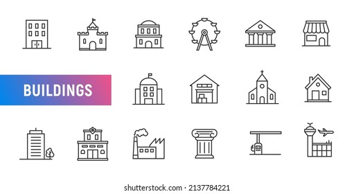 Vector building line icon set residential business town hotel urban apartment. Home architecture build symbol