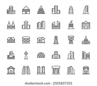 Vector building outline icon set with related thing, real estate and apartment or office for rent or sell concept, editable stroke 48x48 pixel perfect icon, on transparent background