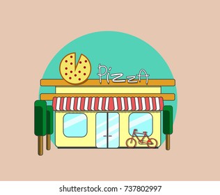 Vector building of a pizzeria with a bicycle and trees