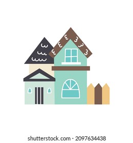 Vector building residential blue rustic house hand drawn naive art