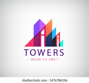 Vector building, towers up geometric logo. Architecture, construction, real estate icon, minimalist illustration, multicolor