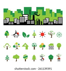 vector building and tree symbol set 