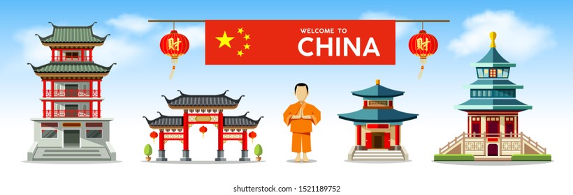 Vector Buildings of China style collections design on cloud and sky background, illustrations