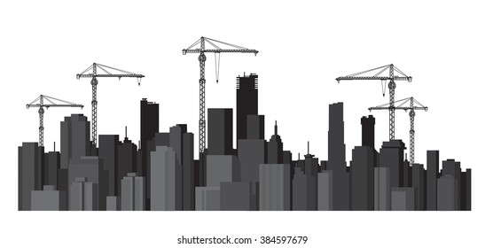 Vector buildings and cranes silhouettes.