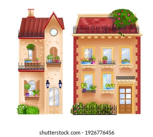 Vektor-Gebäude Fassaden, Vintage-Cottages, alte Stadthäuser einzeln auf Weiß, Dächer, Fenster. Die traditionellen Elemente der europäischen Stadtarchitektur, blühende Hauspflanzen. Vintage-Gebäude, Draufsicht