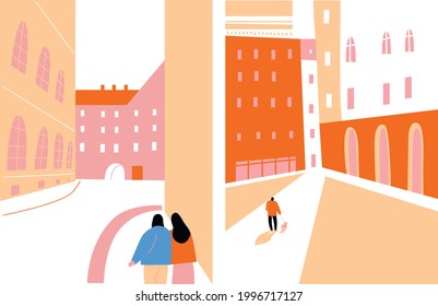 Vector buildings flat cartoon illustration. People walking in town. Europe travel poster illustration. Vector modern Illustration. Europe architecture. 