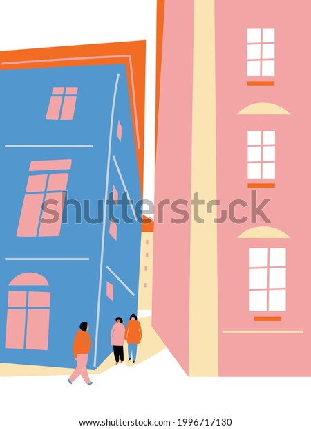Vector buildings flat cartoon\
illustration. People walking in town. Europe travel poster\
illustration. Vector modern Illustration. Europe architecture.\
