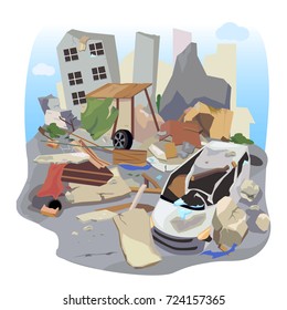 Vector of buildings and house collapsed after the disaster.