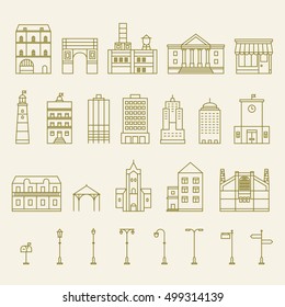 Vector buildings, houses, architecture signs and street elements design. Linear style. Graphic design template. Vector illustration.