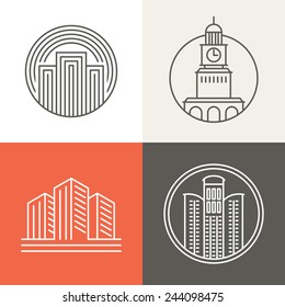 Vector buildings and houses logos and signs - design elements in trendy mono line style 