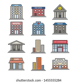 Iconos de edificios vectoriales en fondo blanco