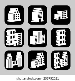 Vector buildings icons set on black background