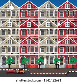 vector buildings illustrations in front view with green trees in cartoon style. Family house, work office and factory building.