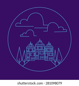Vector  buildings logo, emblems in outline style  abstract design elements and round badges. San Francisco houses