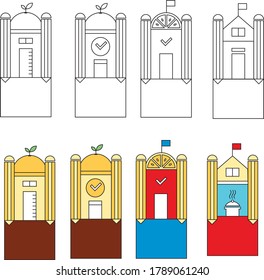 
VECTOR OF BUILDINGS MADE WITH ARTICLES FROM THE SCHOOL, PENCIL AND FRUITS