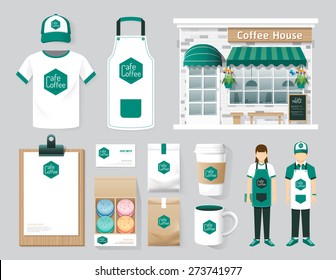 Vector buildings restaurant and cafe shop front design, flyer, menu, package, t-shirt, cap, uniform and display design/ layout set of corporate identity mock up template.