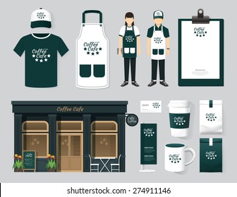 Vector buildings restaurant and cafe shop front design, flyer, menu, package, t-shirt, cap, uniform and display design/ layout set of corporate identity mock up template. 