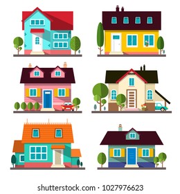 Vector Buildings Set. Flat Design Houses Isolated on White Background.