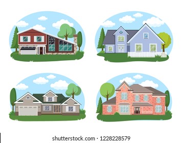 Vector Buildings Set. Flat Design Houses Isolated on White Background. cartoon house exterior with blue clouded sky Front Home Architecture Concept Flat Design Style.