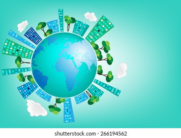 Vector buildings, trees  lines around the world of graphics