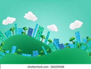 Vector buildings, trees  lines around the world of graphics