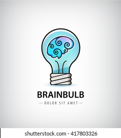 Vector bulb with brain inside logo. Abstract  brainstorming creative sign or symbol. Creativity, generating ideas, minds flow, thinking, imagination, inspiration concept.