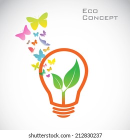 Vector bulb and  butterflies and leaves. eco concept