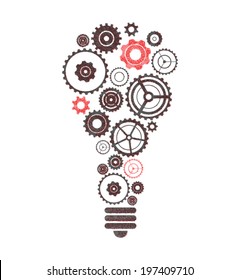 Vector bulb with cogs. Set of gear wheels. Black and red cogs with dust on white background