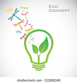 Vector bulb and dragonfly and leaves. eco concept