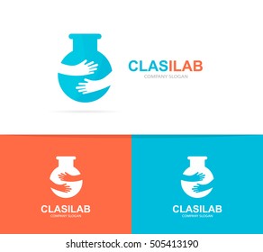 Vector bulb and hands logo combination. Lab bottle and embrace symbol or icon. Unique science and laboratory logotype design template.
