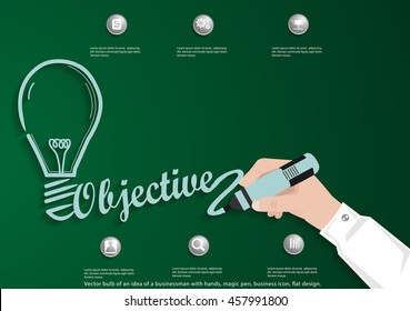 Vector bulb of an idea of a businessman with hands, magic pen, business icon, flat design.