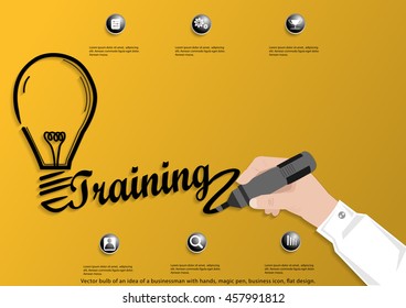 Vector bulb of an idea of a businessman with hands, magic pen, business icon, flat design.