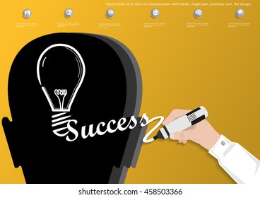 Vector bulb of an idea of a businessman with hands, magic pen, business icon, flat design.