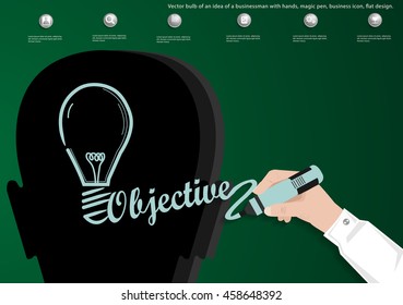 Vector bulb of an idea of a businessman with hands, magic pen, business icon, flat design.