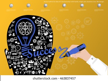 Vector bulb of an idea of a businessman with hands, magic pen, business icon, flat design.