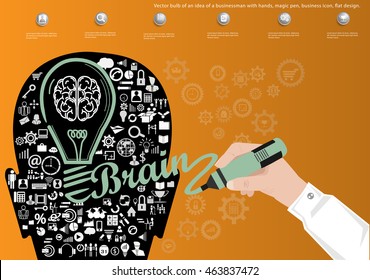 Vector bulb of an idea of a businessman with hands, magic pen, business icon, flat design.