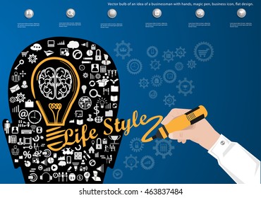 Vector bulb of an idea of a businessman with hands, magic pen, business icon, flat design.