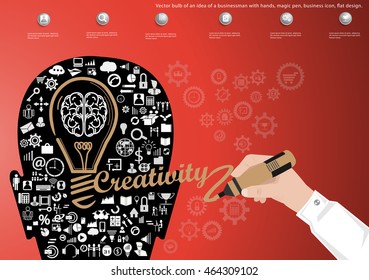 Vector bulb of an idea of a businessman with hands, magic pen, business icon, flat design.