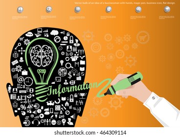 Vector bulb of an idea of a businessman with hands, magic pen, business icon, flat design.